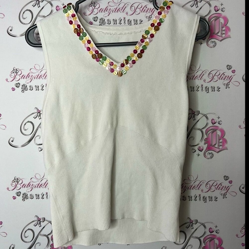 Tank top button multicolor Embellished White Sleeveless Top stretchy ribbed